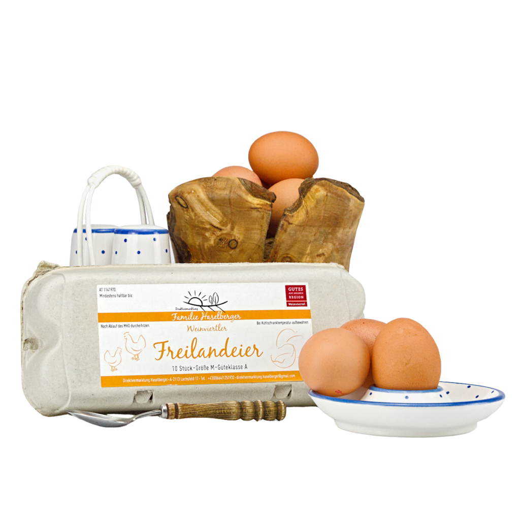 Eier in einem Eierbecherteller, Eierschachtel